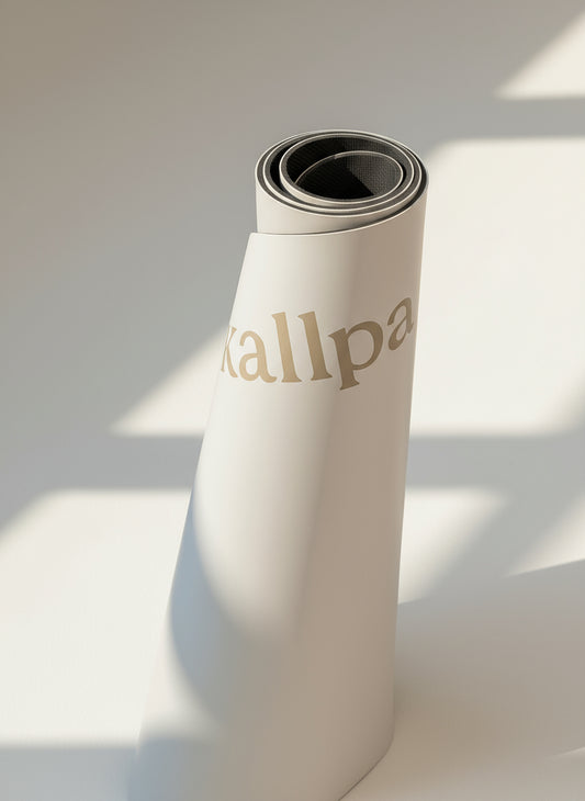Elegant Kallpa Move oat latte aesthetic curved yoga mat (rolled) with natural rubber base for cushioning and posture alignment
