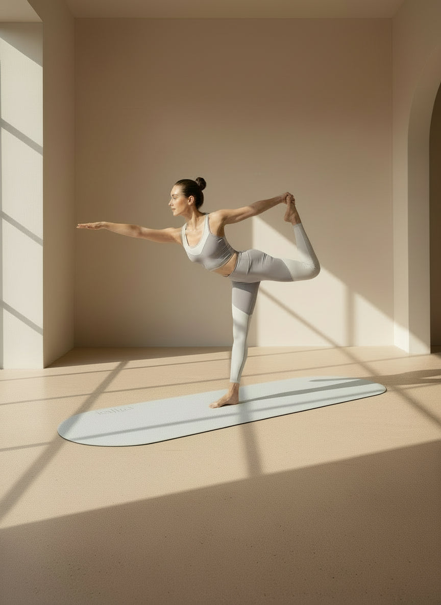 Woman holding Natarajasana Dancer’s yoga pose on minimalist Kallpa Move beige oat latter Curved Yoga Mat for superior balance and alignment