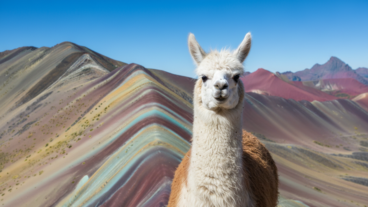alpaca and the rainbow mountain in Peru as background
