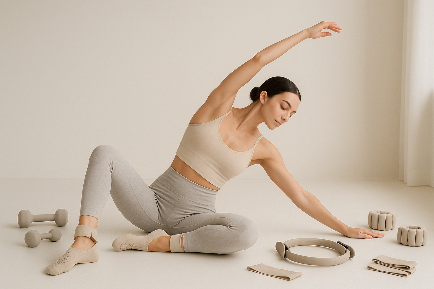create a minimalist Pilates model wearing neutral tone pilates gear for Kallpa Move, we'll sell contemporary minimalist pilates accessories such as dumbbells, resitance bands, ankle weights, grip socks, etc
